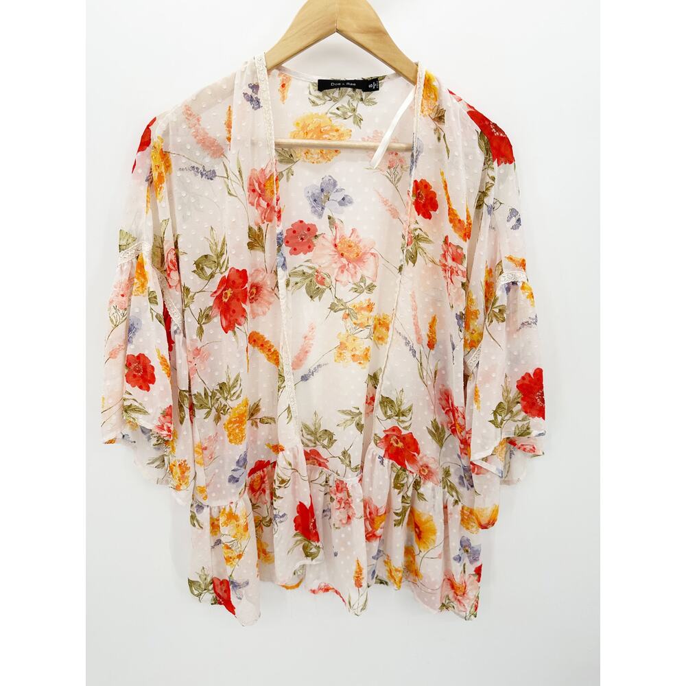 Doe‎ & Rae Sheer Floral Kimono Women Sz S Boho Feminine Swiss Dot Ruffle Cottage